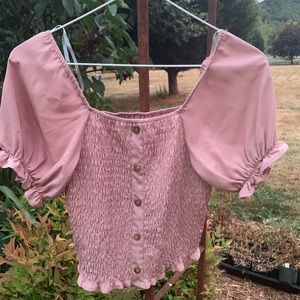 sorta cropped, pink puffed shoulder T-shirt